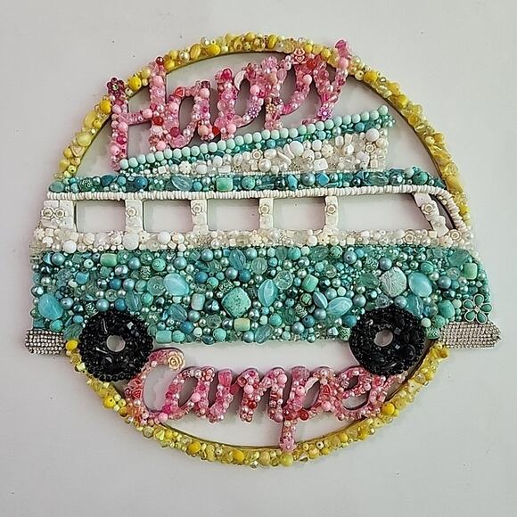 Handmade Happy Camper Embellished Decor 10.5 x 12 RV Wall Repurposed Art Travel - Picture 1 of 13
